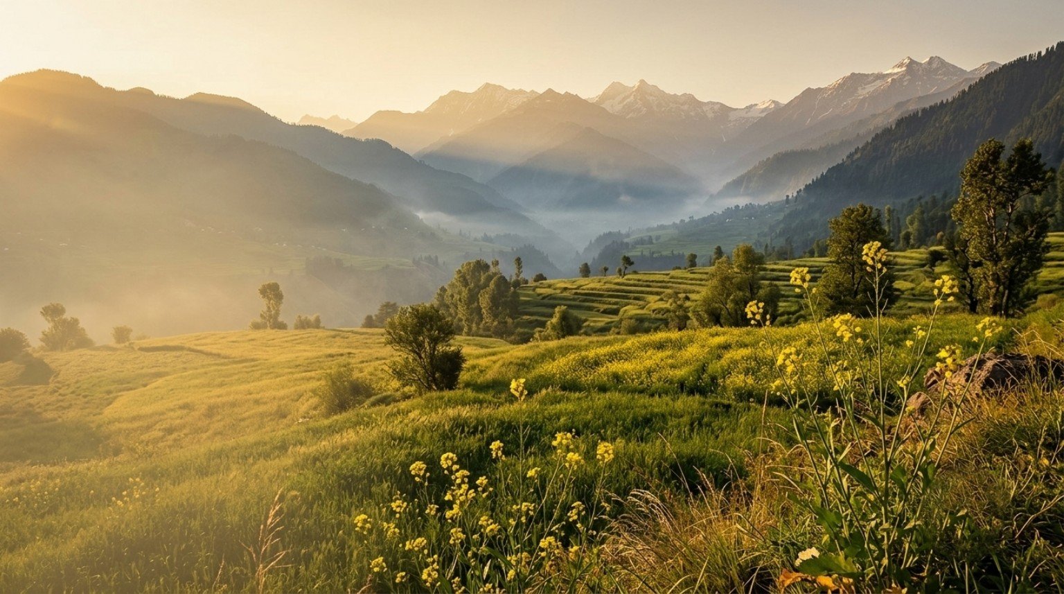 Golden mustard fields beneath the mountains