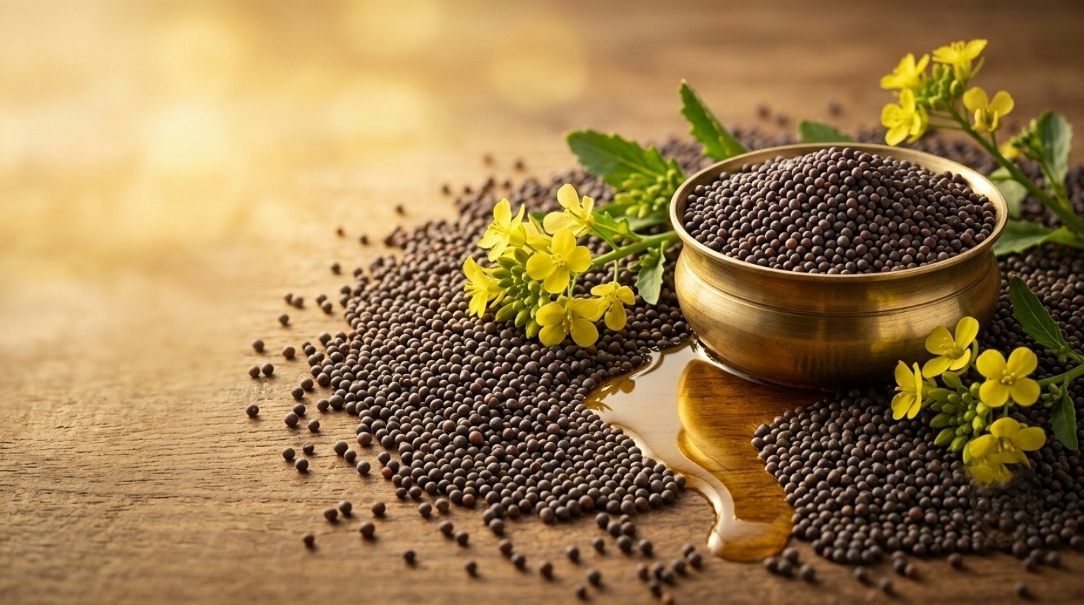 Mustard seeds and golden mustard oil